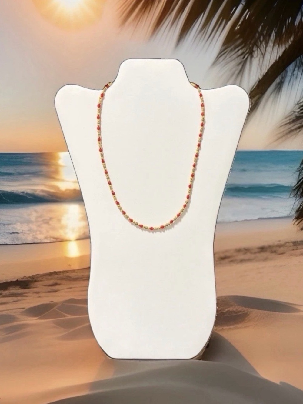 Red Crystal and Wood Beaded Necklace Gold Tone Boho Dainty Adjustable Strand